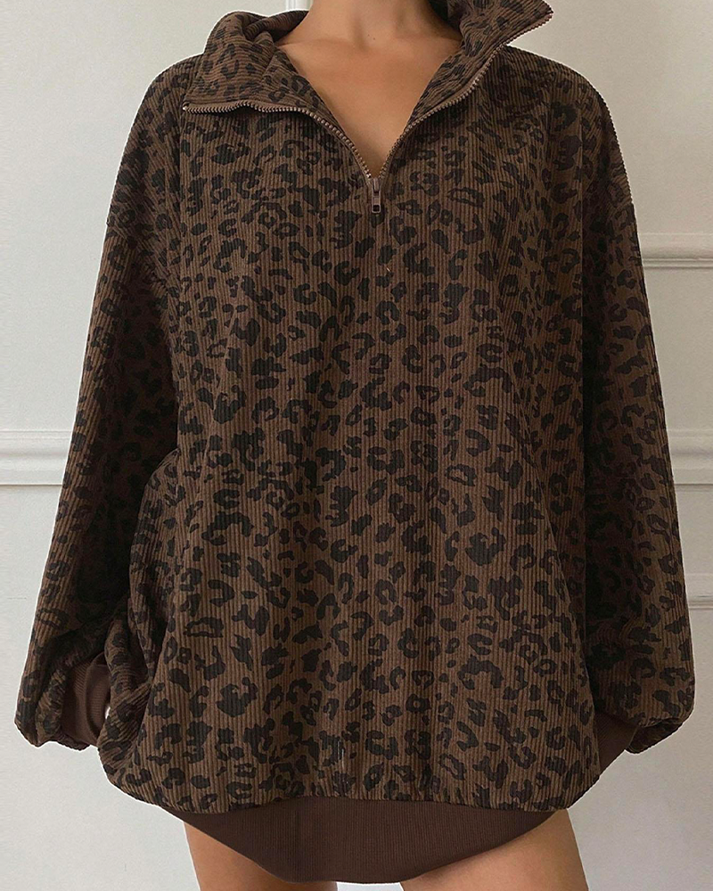 Leopard Print Oversized Half Zip Drop Shoulder Long Sleeve Casual Streetwear Top