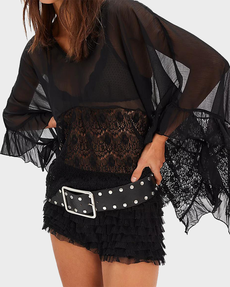 Women's V Neck Poncho Top Batwing Sleeve Solid Color Loose Fit Blouse