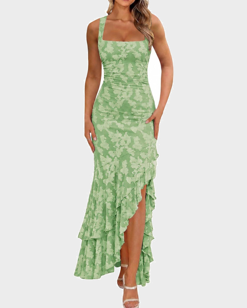 Floral Ruched Bodycon Mermaid Dress Square Neck Formal Wedding Guest Gown