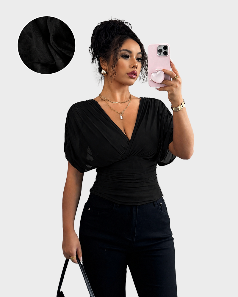 Women's V Neck Ruched Slim Fit Blouse Short Sleeve Summer Top