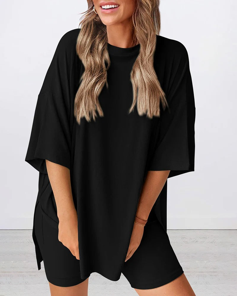 Casual Oversized 2-Piece Lounge Set with Biker Shorts