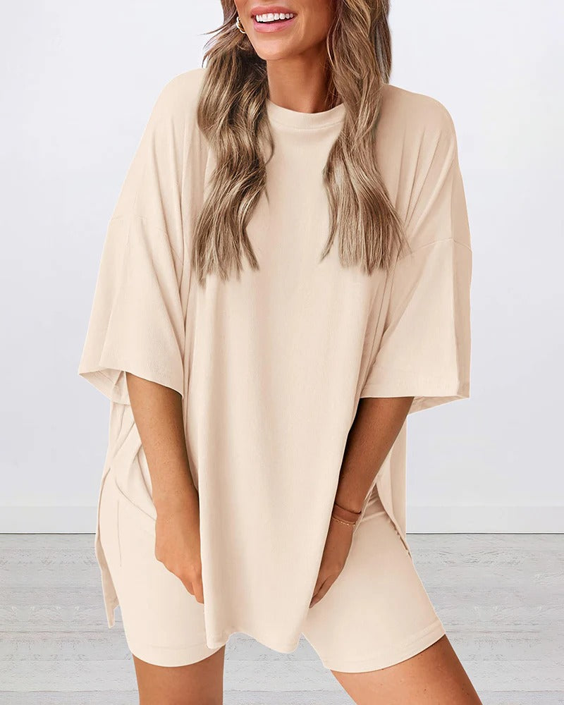 Casual Oversized 2-Piece Lounge Set with Biker Shorts
