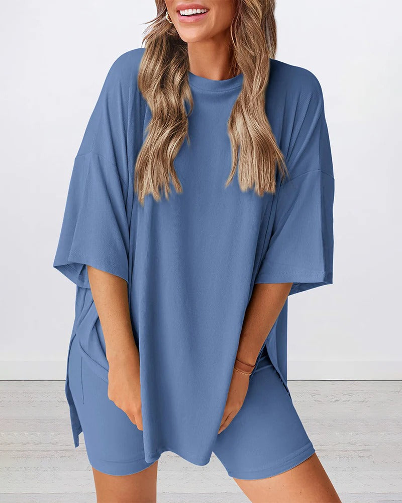 Casual Oversized 2-Piece Lounge Set with Biker Shorts