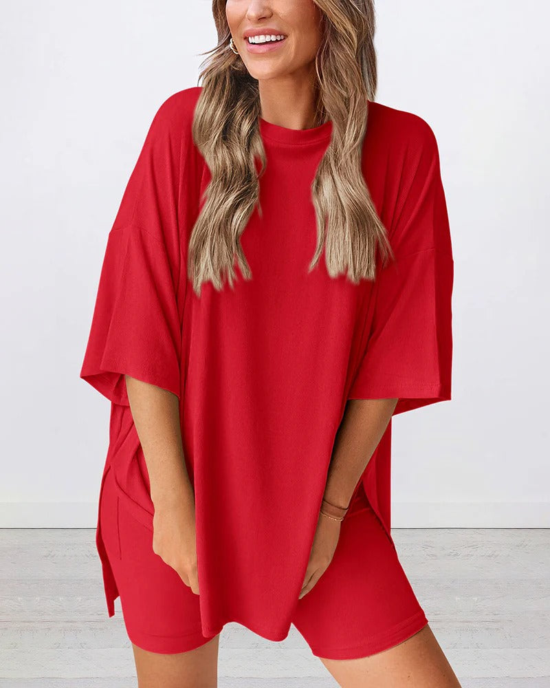 Casual Oversized 2-Piece Lounge Set with Biker Shorts