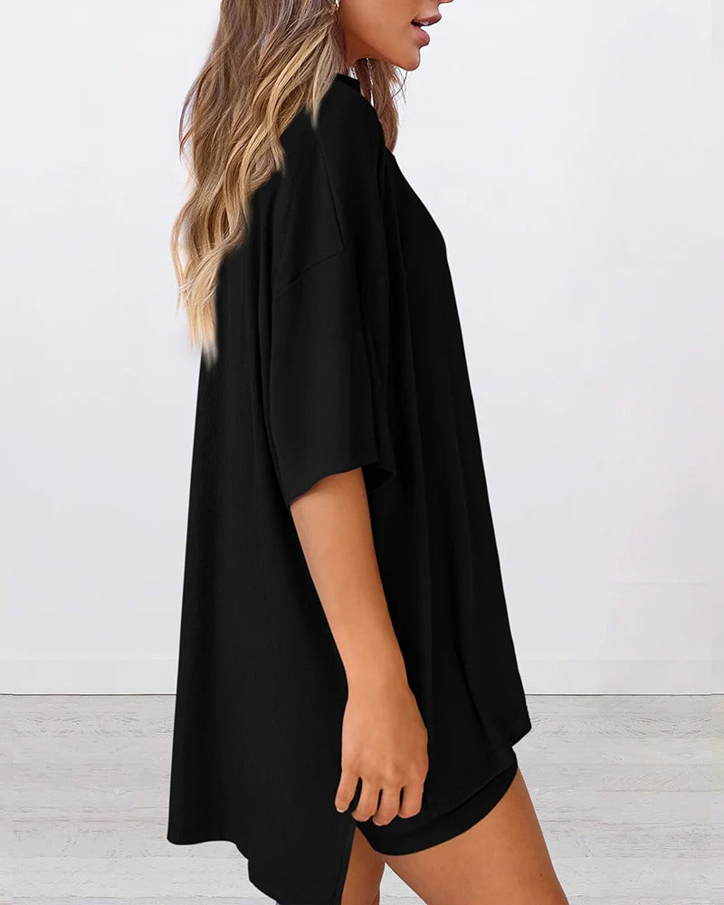 Casual Oversized 2-Piece Lounge Set with Biker Shorts