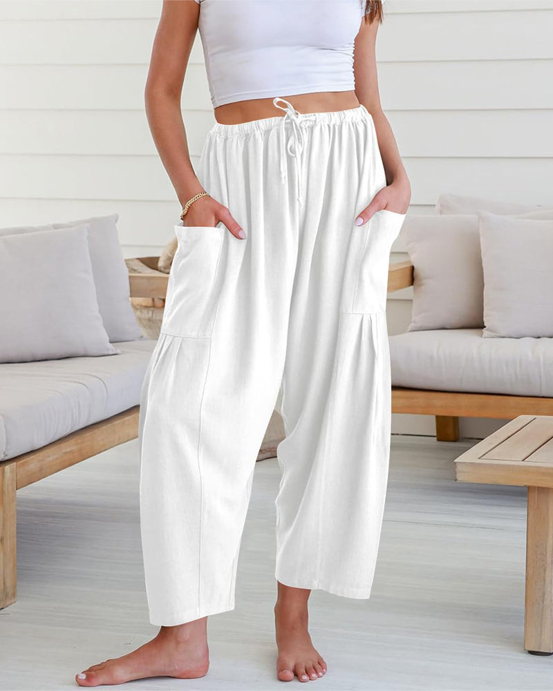 Women's Linen Blend Wide Leg Loose Pants Casual Beach Palazzo Harem Pockets