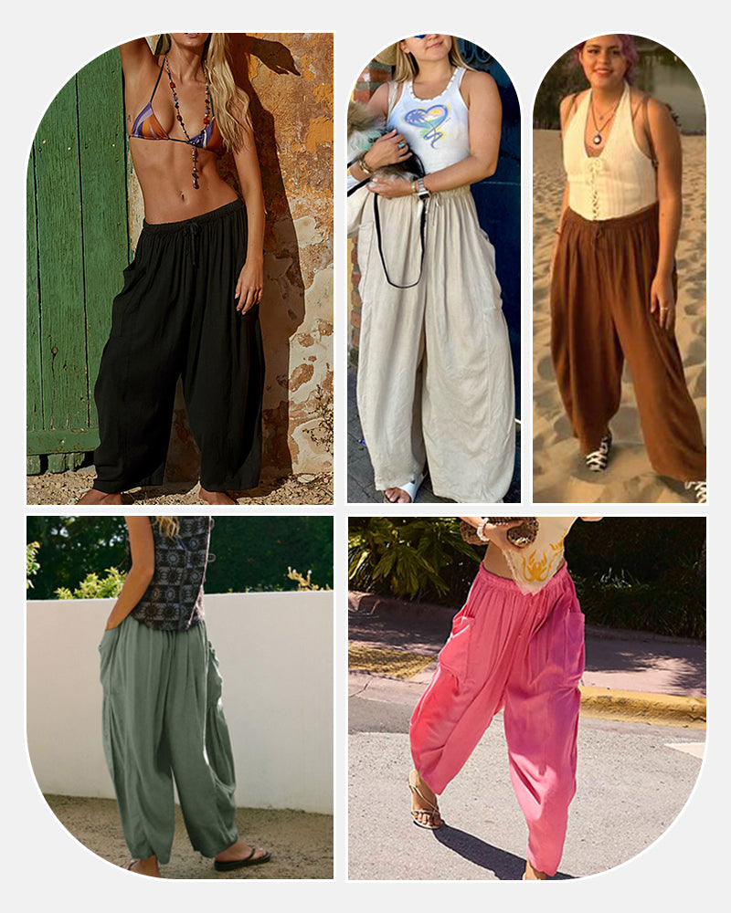 Women's Linen Blend Wide Leg Loose Pants Casual Beach Palazzo Harem Pockets