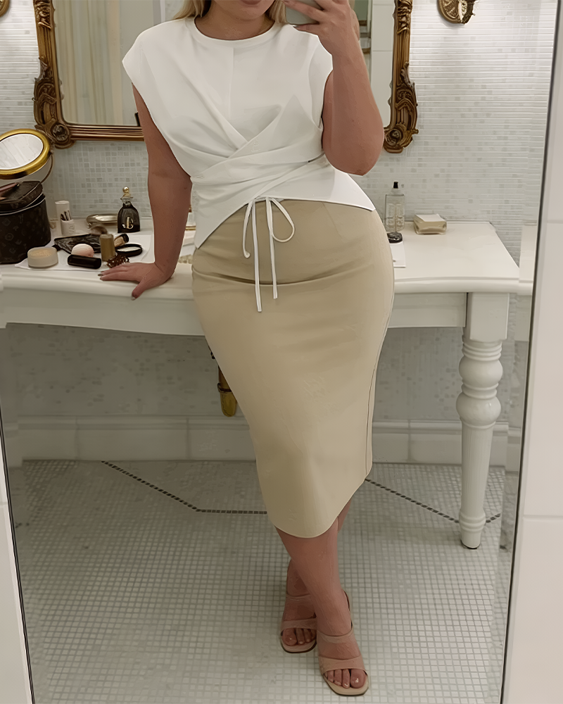 Plus Size Round Neck Short Sleeve Tie T-Shirt