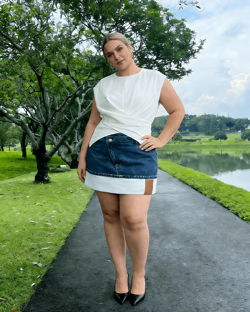 Plus Size Round Neck Short Sleeve Tie T-Shirt