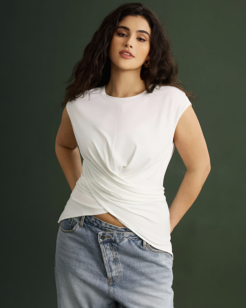Plus Size Round Neck Short Sleeve Tie T-Shirt