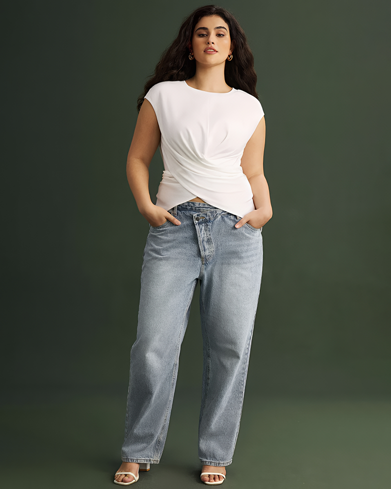 Plus Size Round Neck Short Sleeve Tie T-Shirt