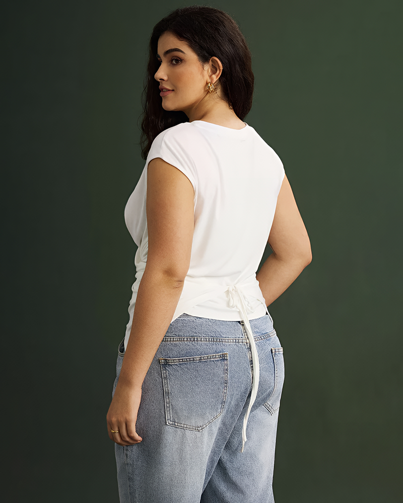 Plus Size Round Neck Short Sleeve Tie T-Shirt