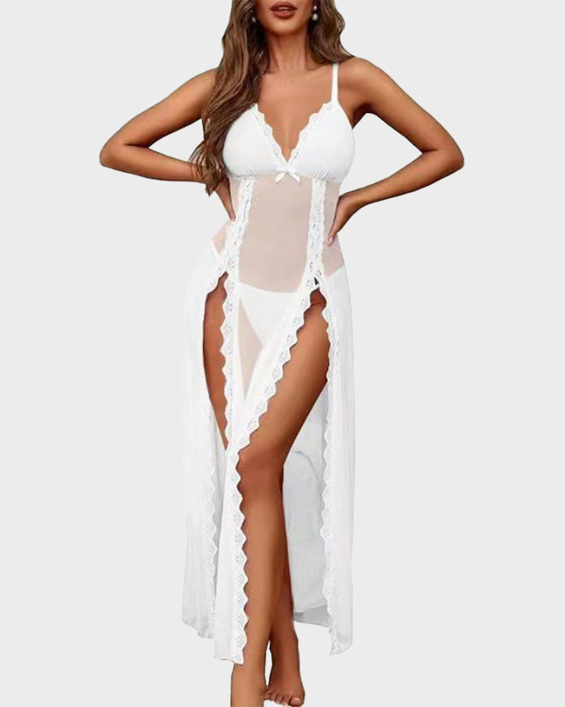 Sexy Lace Mesh V Neck Side Split Babydoll Chemise Nightgown