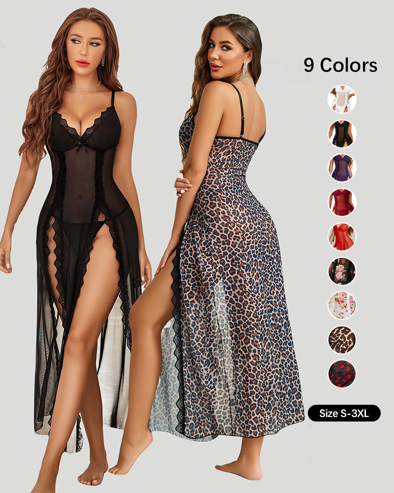 Sexy Lace Mesh V Neck Side Split Babydoll Chemise Nightgown