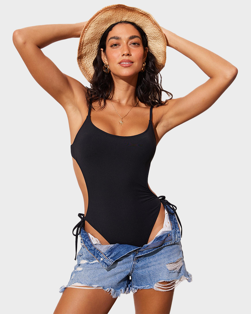 Backless Cut Out Lined One Piece Adjustable Straps Swimsuit