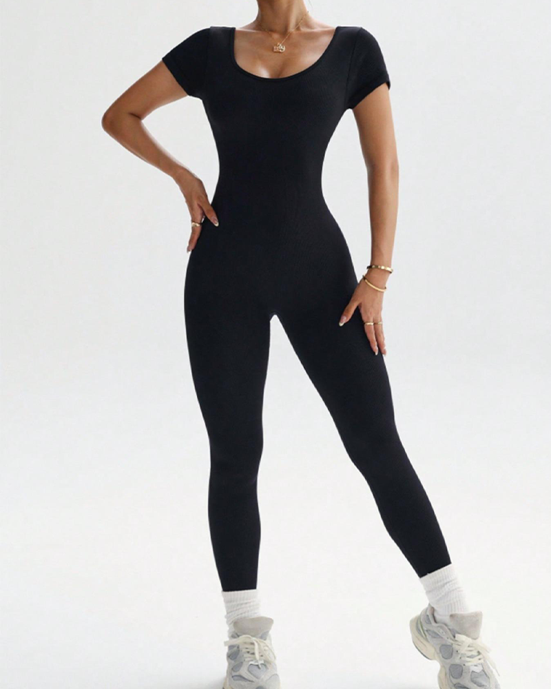 Backless Short Sleeve Stretchy Knit Yoga Casual Sporty Above Ankle Jumpsuit