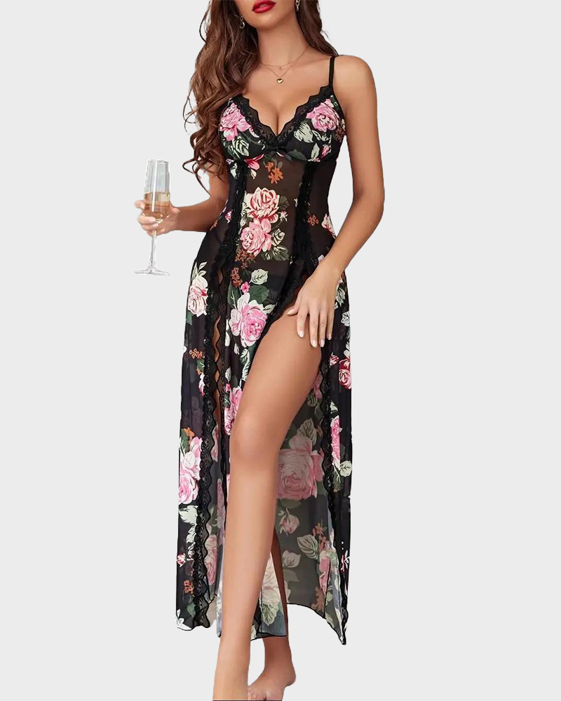 Sexy Lace Mesh V Neck Side Split Babydoll Chemise Nightgown
