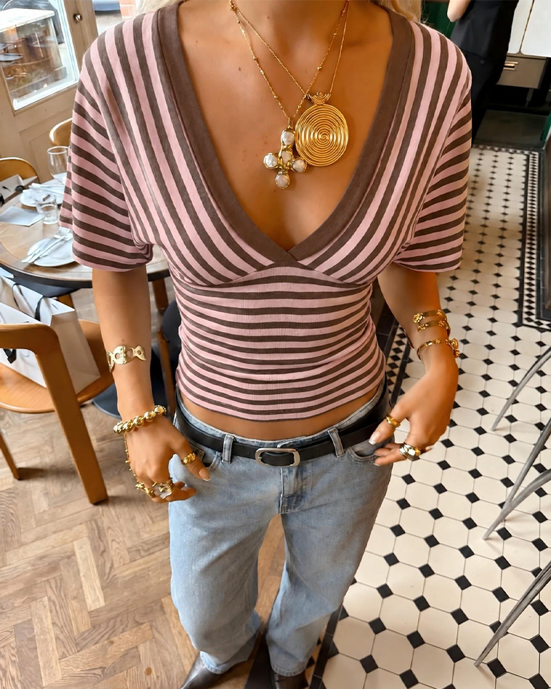 Striped V Neck Puff Sleeve Wrap Crop Top