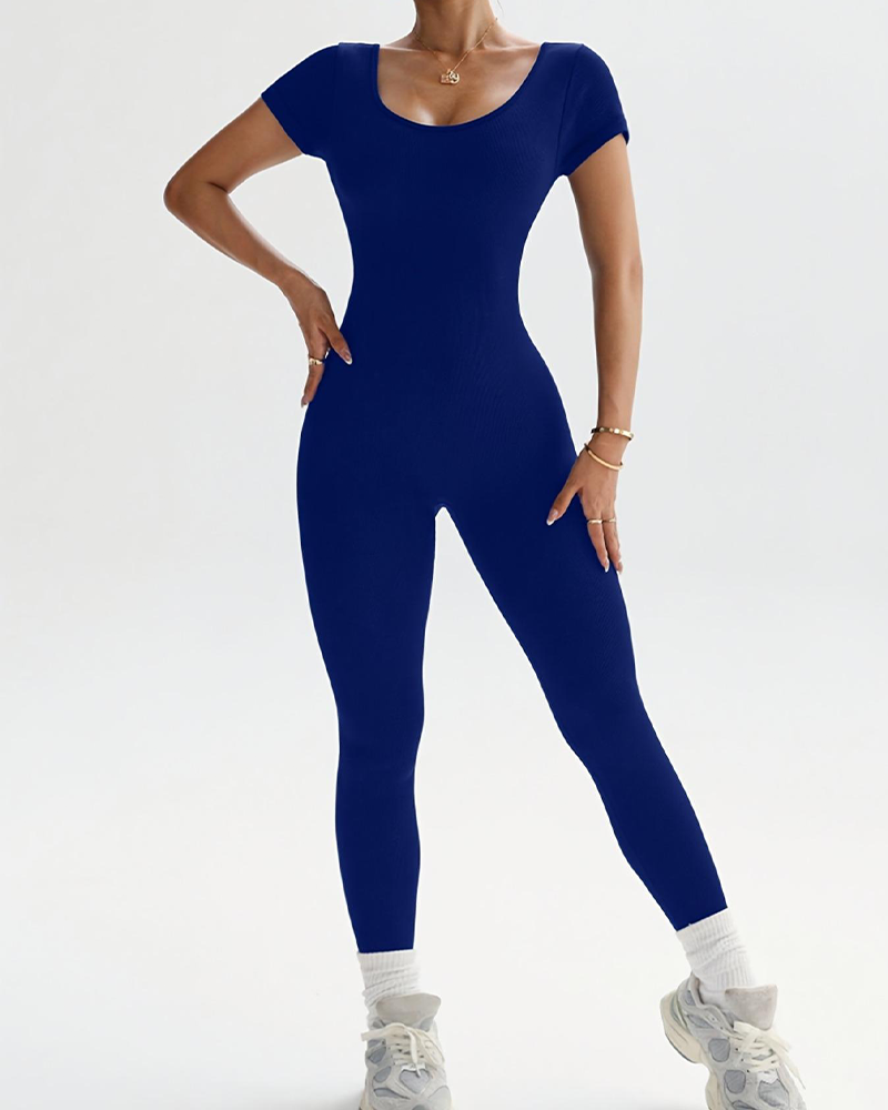 Backless Short Sleeve Stretchy Knit Yoga Casual Sporty Above Ankle Jumpsuit
