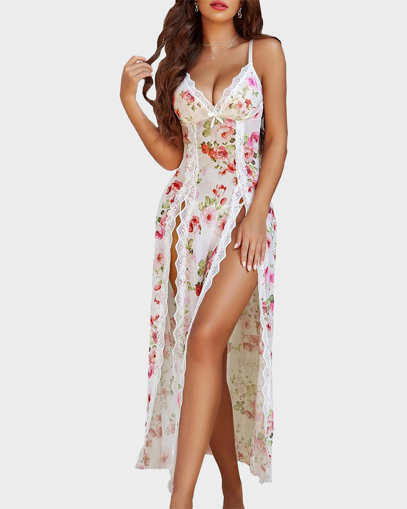 Sexy Lace Mesh V Neck Side Split Babydoll Chemise Nightgown