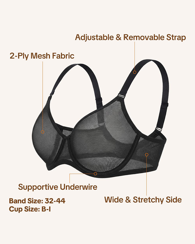 Air Light Sheer Mesh Plus Size Unlined Underwire Full Coverage Halter Bra