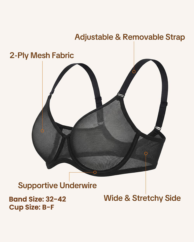 Air Light Sheer Mesh Plus Size Unlined Underwire Full Coverage Halter Bra