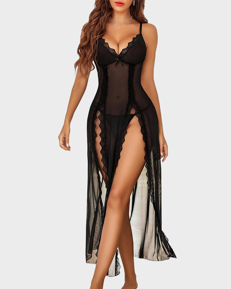 Sexy Lace Mesh V Neck Side Split Babydoll Chemise Nightgown