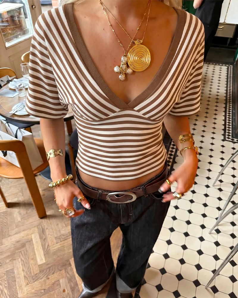 Striped V Neck Puff Sleeve Wrap Crop Top