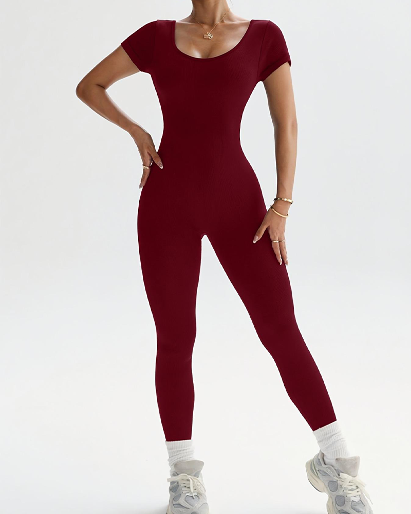 Backless Short Sleeve Stretchy Knit Yoga Casual Sporty Above Ankle Jumpsuit