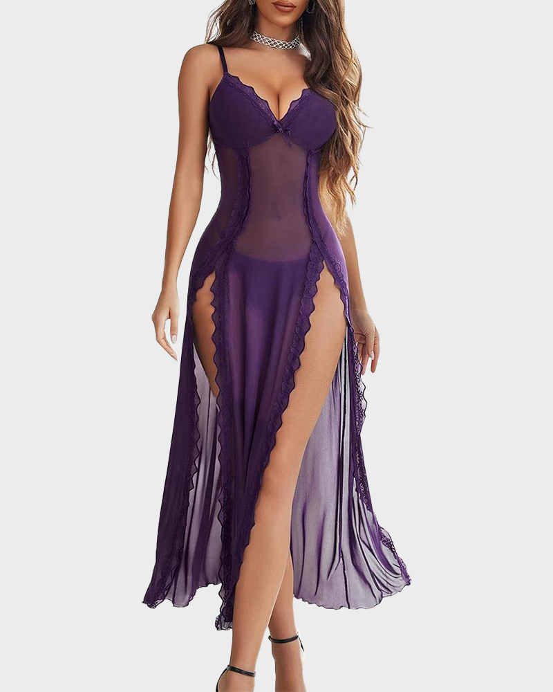 Sexy Lace Mesh V Neck Side Split Babydoll Chemise Nightgown