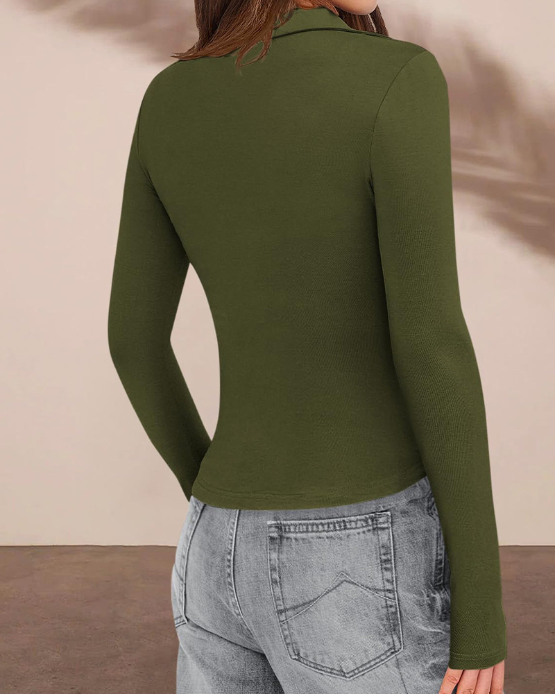 Women's Button Down V Neck Ruched Slim Fit Long Sleeve Casual Fall Top