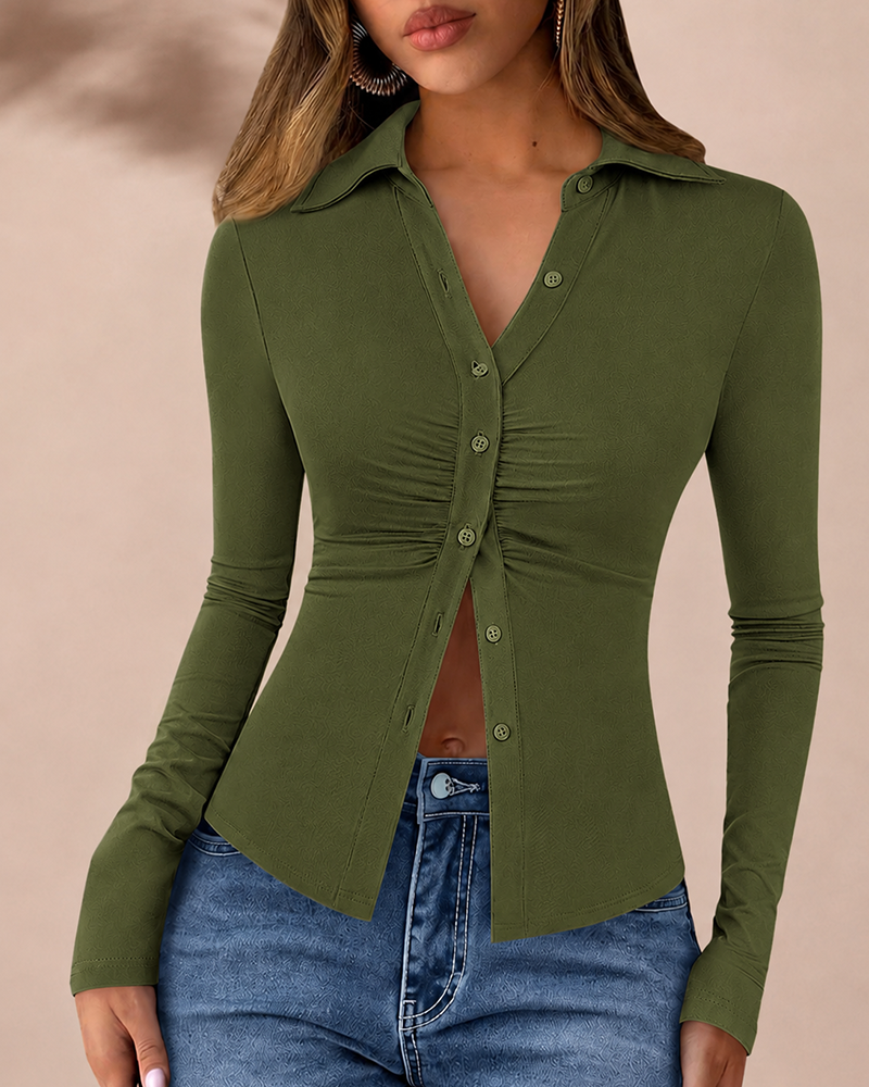 Women's Button Down V Neck Ruched Slim Fit Long Sleeve Casual Fall Top