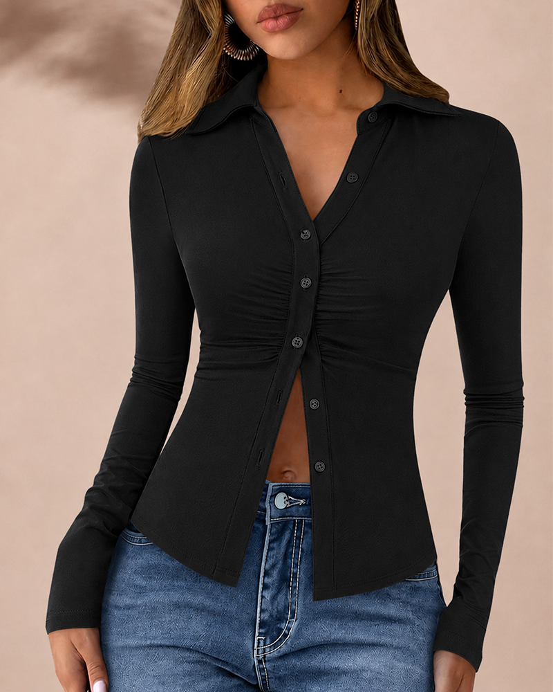Women's Button Down V Neck Ruched Slim Fit Long Sleeve Casual Fall Top
