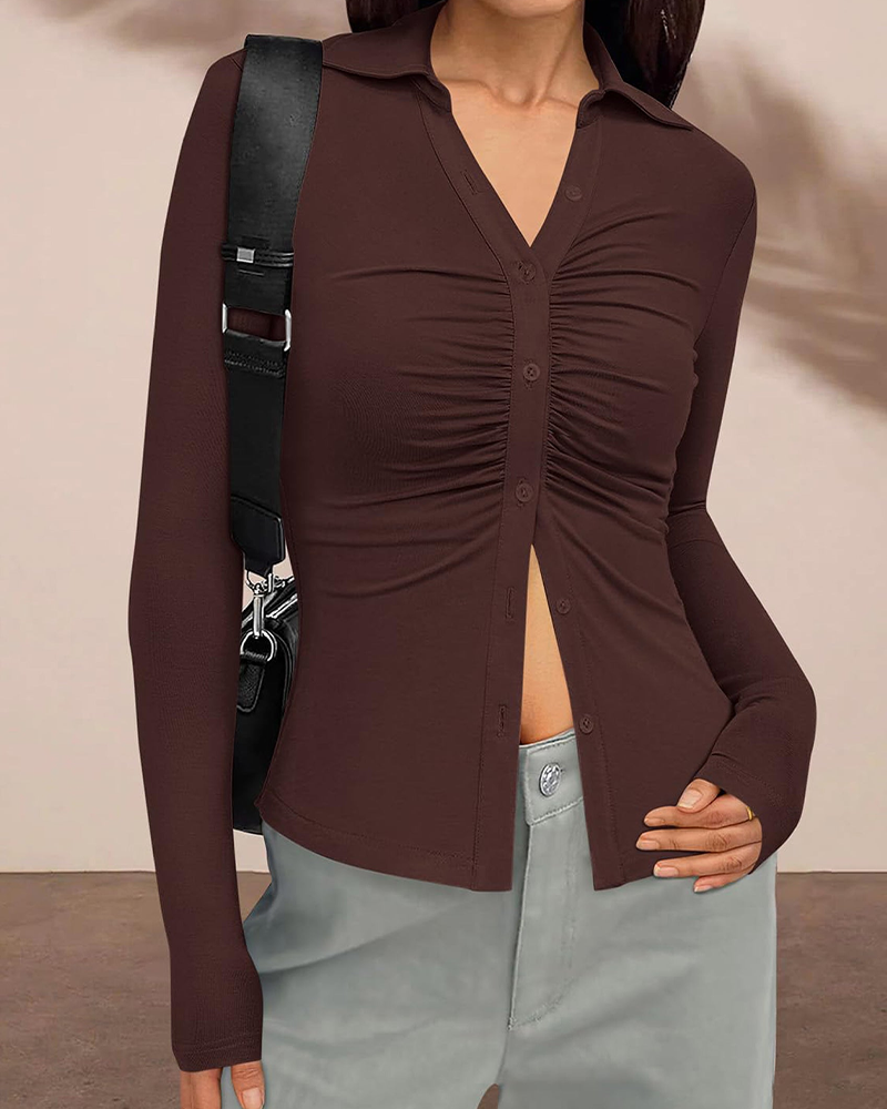 Women's Button Down V Neck Ruched Slim Fit Long Sleeve Casual Fall Top