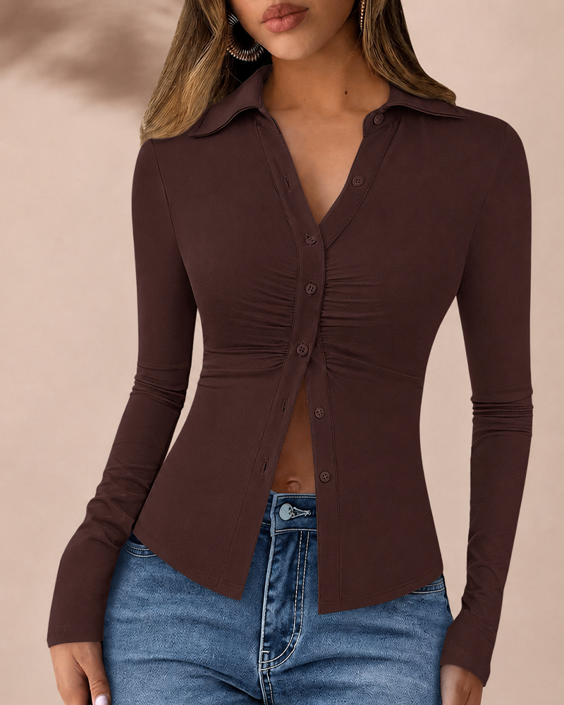 Women's Button Down V Neck Ruched Slim Fit Long Sleeve Casual Fall Top