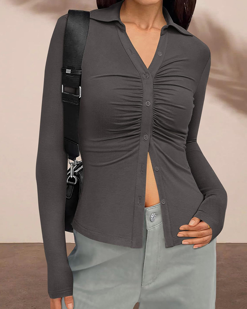 Women's Button Down V Neck Ruched Slim Fit Long Sleeve Casual Fall Top