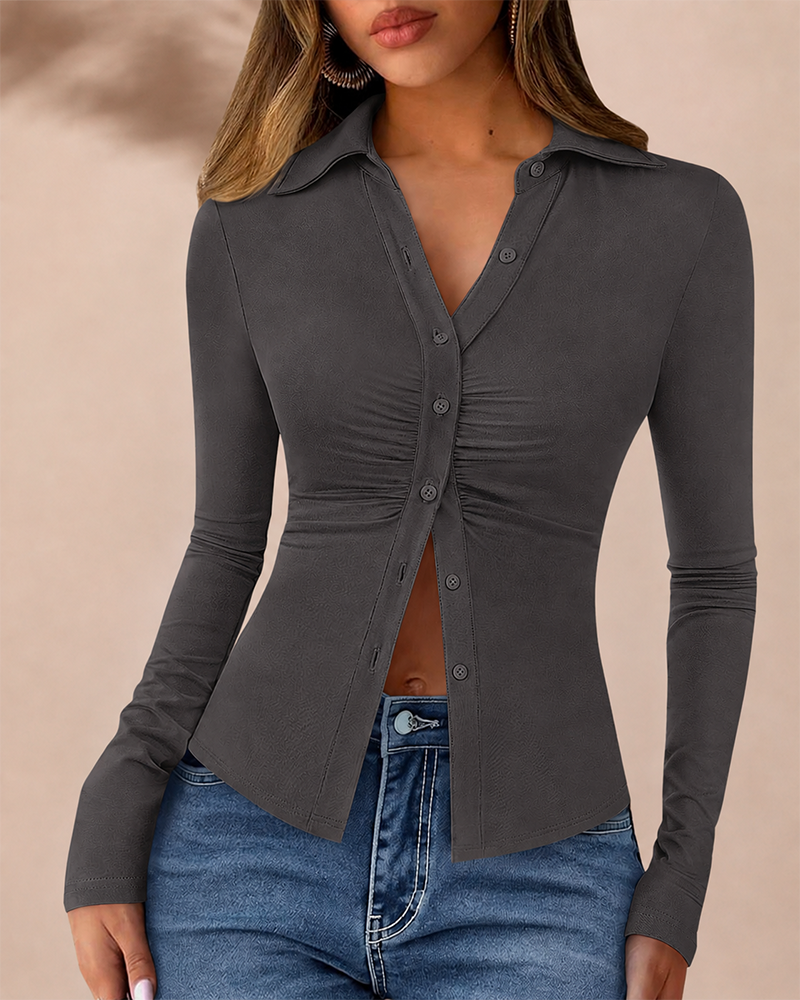 Women's Button Down V Neck Ruched Slim Fit Long Sleeve Casual Fall Top