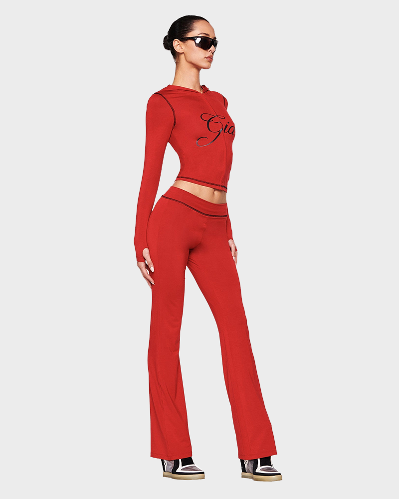 Letter Print Zip Up Cropped Hoodie  & Low Rise Flare Leg Pants Set