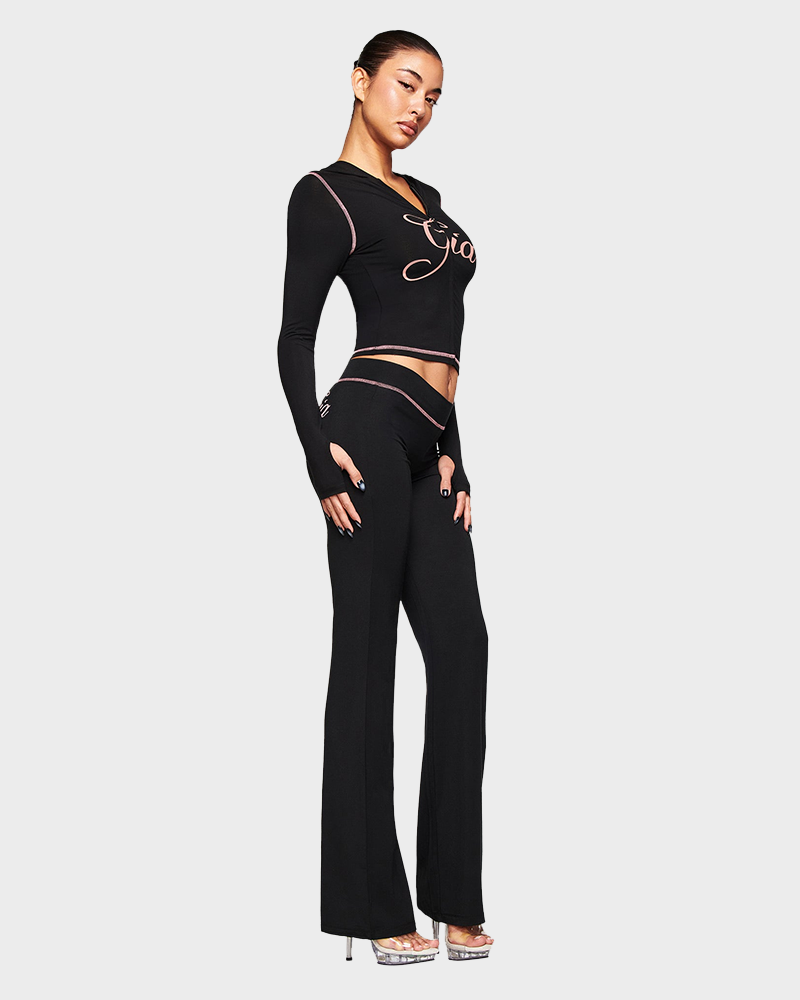 Letter Print Zip Up Cropped Hoodie  & Low Rise Flare Leg Pants Set