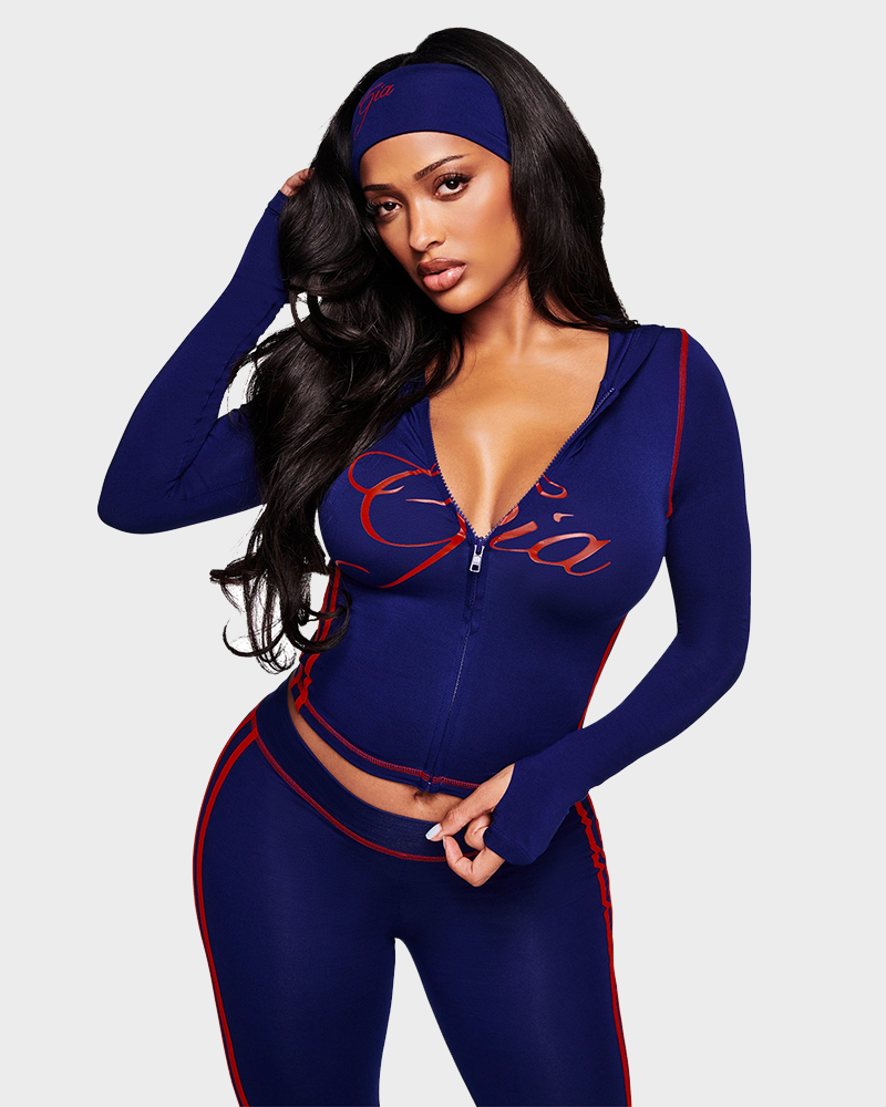 Letter Print Zip Up Cropped Hoodie  & Low Rise Flare Leg Pants Set