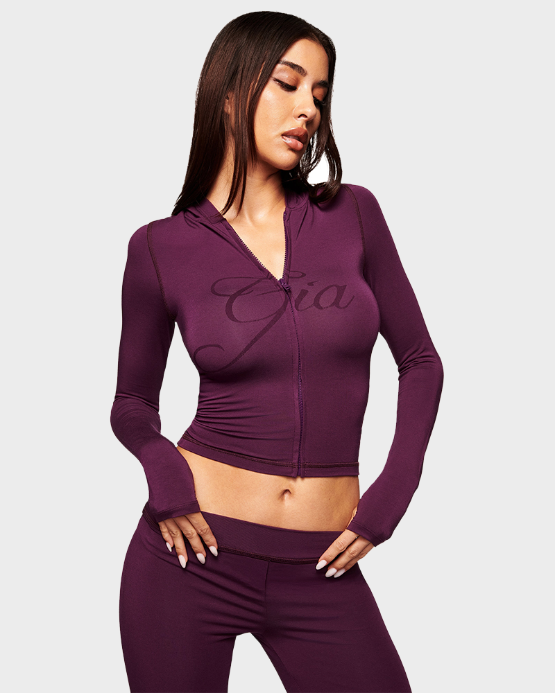 Letter Print Zip Up Cropped Hoodie  & Low Rise Flare Leg Pants Set