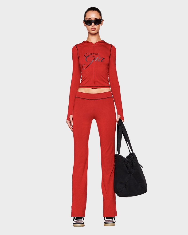 Letter Print Zip Up Cropped Hoodie  & Low Rise Flare Leg Pants Set