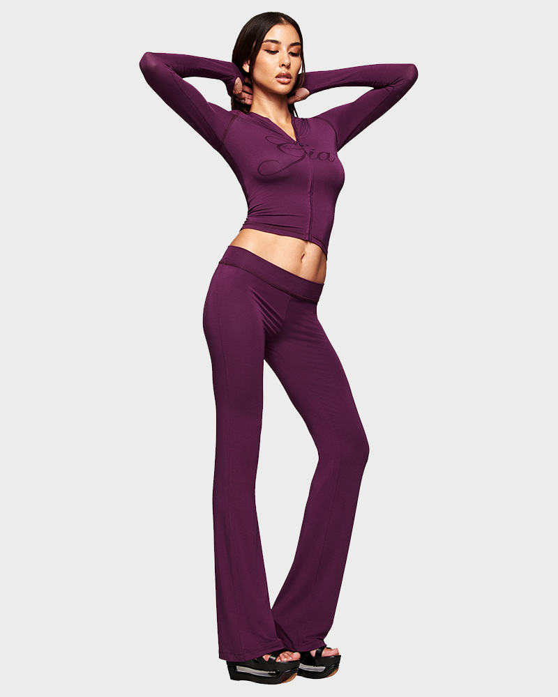 Letter Print Zip Up Cropped Hoodie  & Low Rise Flare Leg Pants Set