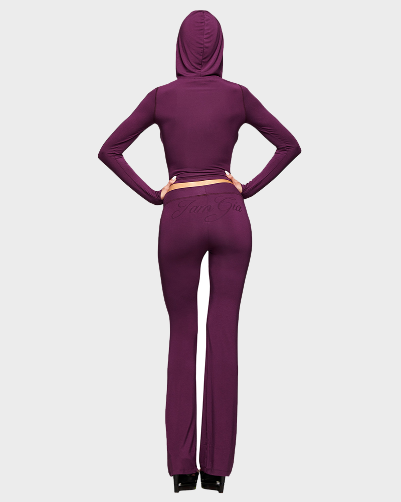 Letter Print Zip Up Cropped Hoodie  & Low Rise Flare Leg Pants Set