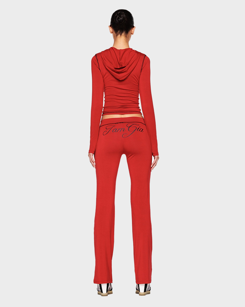 Letter Print Zip Up Cropped Hoodie  & Low Rise Flare Leg Pants Set