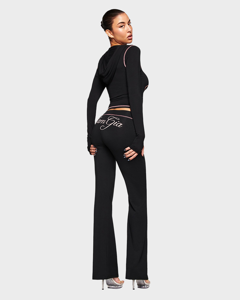 Letter Print Zip Up Cropped Hoodie  & Low Rise Flare Leg Pants Set