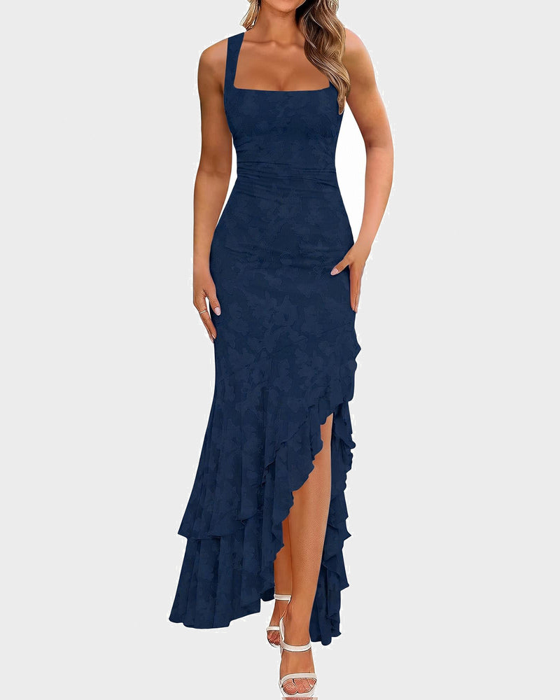 Floral Ruched Bodycon Mermaid Dress Square Neck Formal Wedding Guest Gown