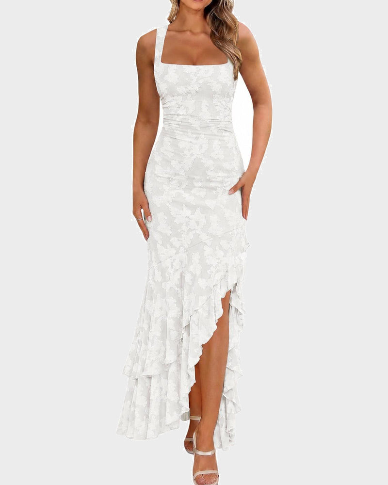 Floral Ruched Bodycon Mermaid Dress Square Neck Formal Wedding Guest Gown
