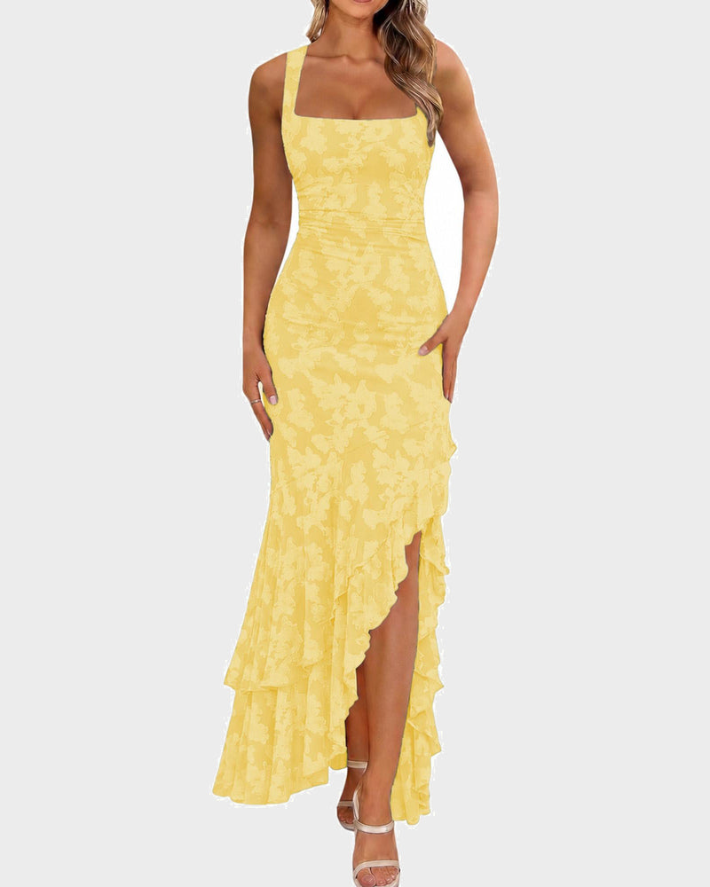 Floral Ruched Bodycon Mermaid Dress Square Neck Formal Wedding Guest Gown